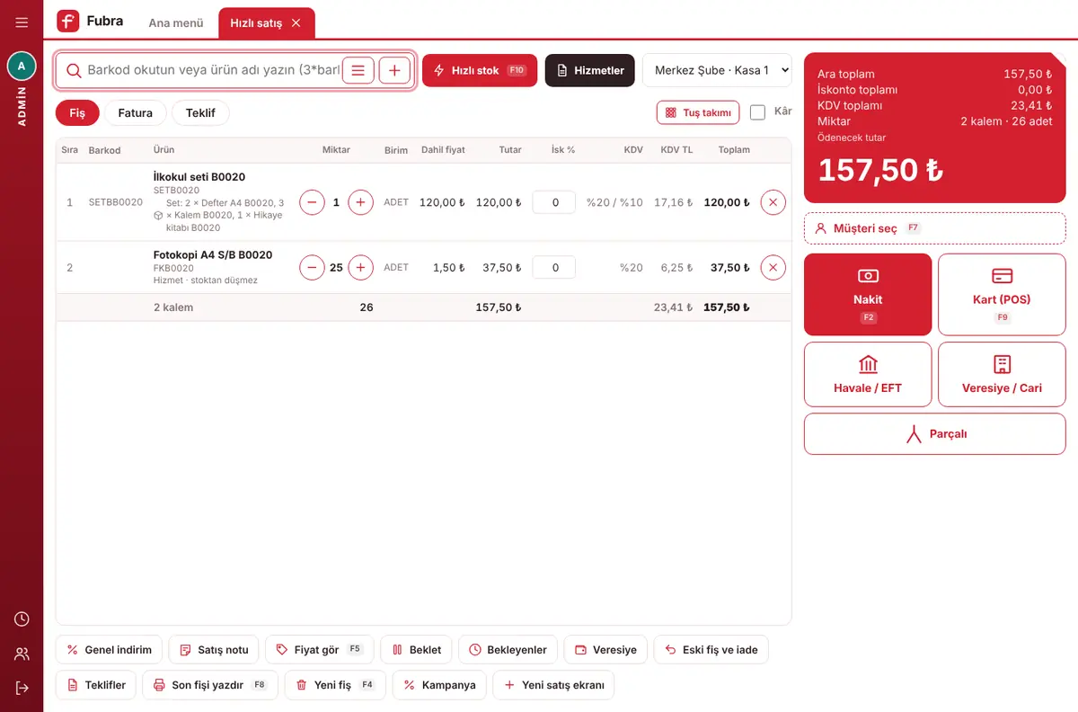 Fubra Store hızlı satış ekranı