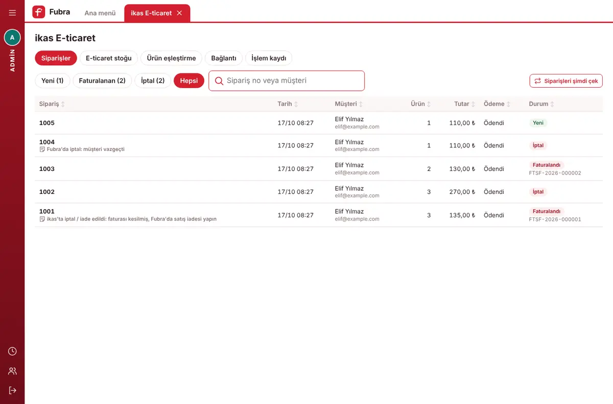 ikas siparişleri ekranı