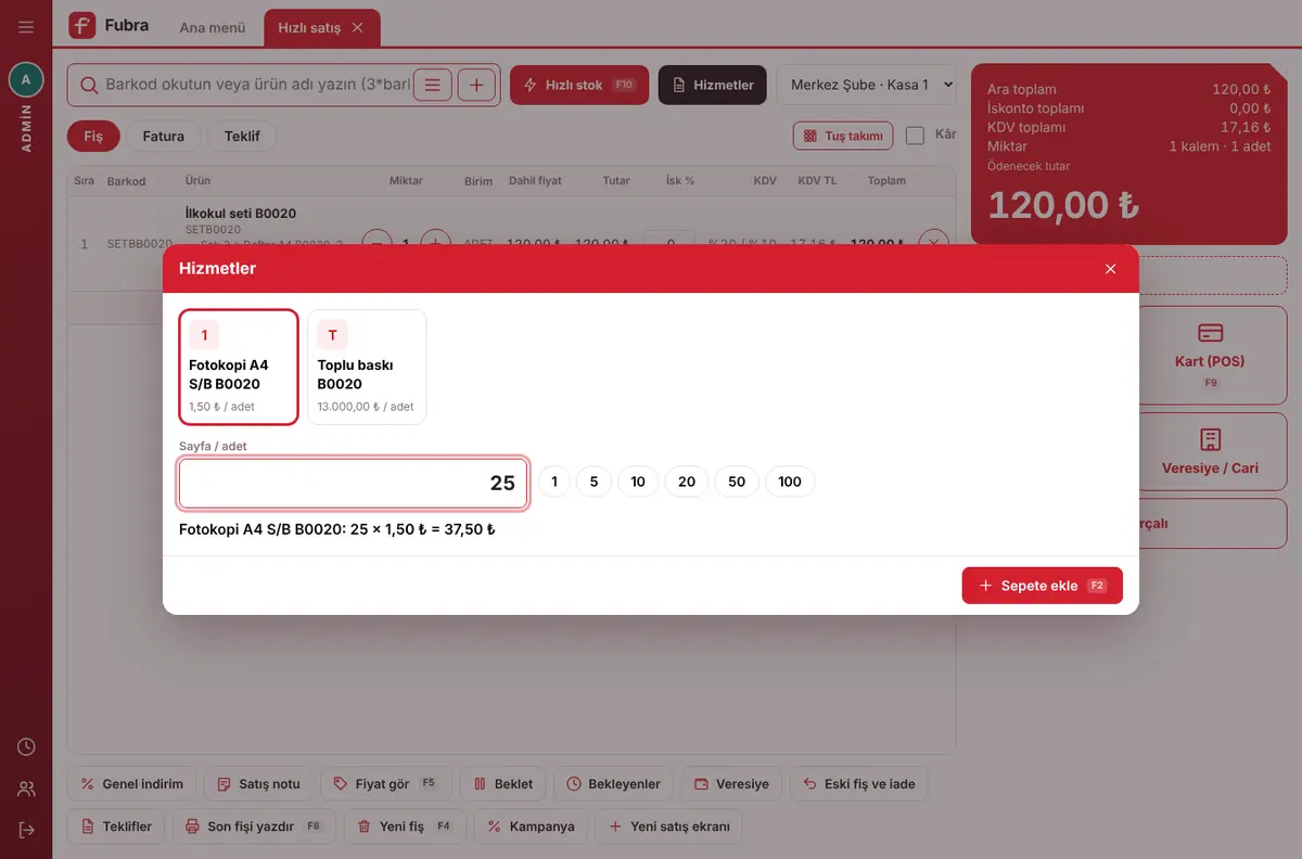Kasa Programı ekranı