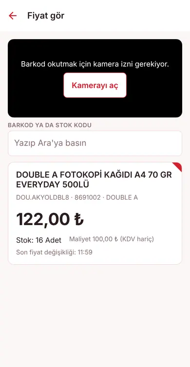 Fiyat gör ekranında ürün adı, fiyatı ve stok bilgisi